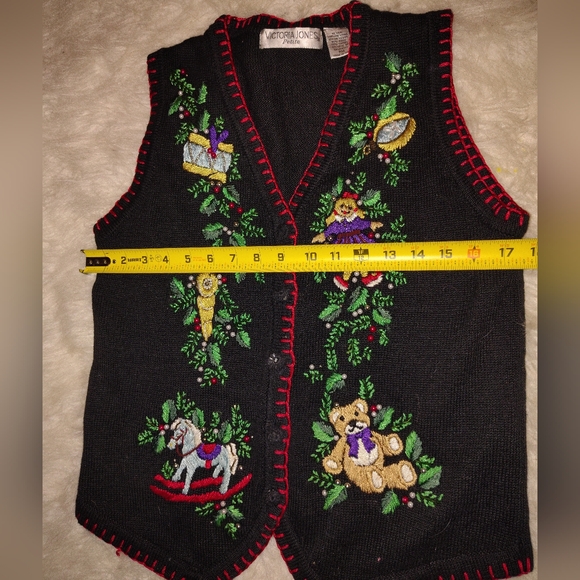 Beautiful Christmas Holiday Embroidered Black Vest with Red Trim - Picture 7 of 9